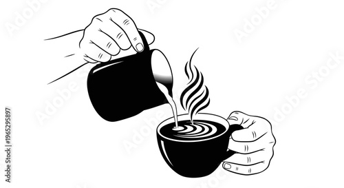 Hands pouring steaming coffee drink.