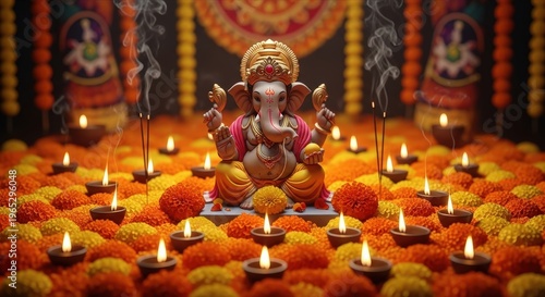 Lord Ganesha with Marigold Flowers and Diya Lamps for Traditional Festival Celebration Design