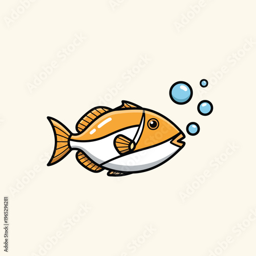 A charming, cartoon illustration of a fish with an orange and white body, fins, and a black outline, bubbles