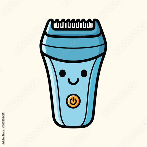 A cartoon-style illustration of an electric shaver with a smiley face on a light cream background. The device is a soft blue with a black outline