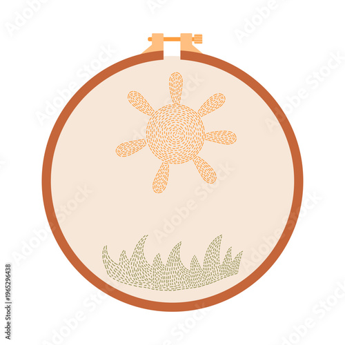 Embroidery hoop with sun and grass stitch design, needlework concept, boho craft illustration.DIY. Illustration of needlework accessory isolated on white, tailor concept.