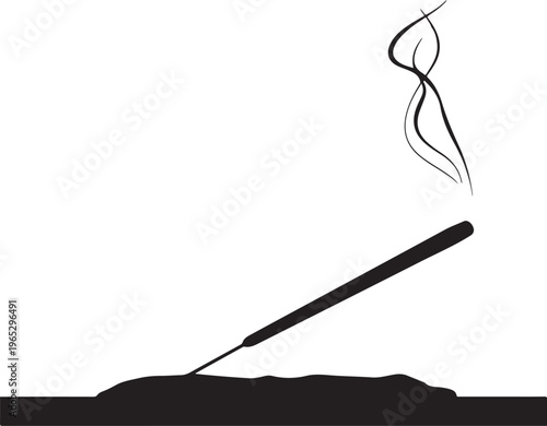 Black incense stick, burning incense, smoke rising, aromatic stick, vector icon