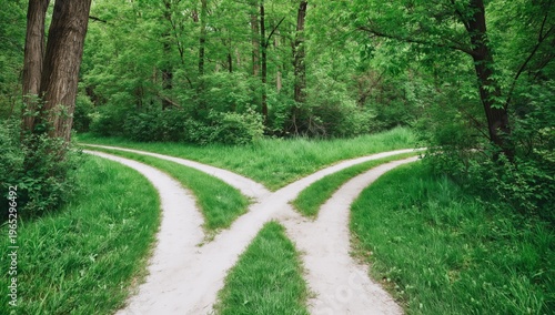 Fork in the road with two different paths leads into a vibrant green forest
