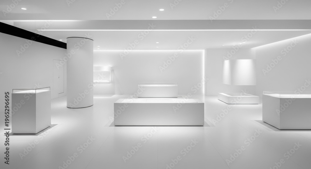 Fototapeta premium A pristine, modern, all-white minimalist interior space with various display pedestals and subtle lighting, resembling an art gallery or showroom.