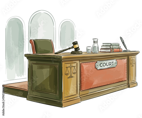 Judge's bench in a courtroom with gavel, books and court sign. Watercolor style illustration of wooden court desk with legal symbols. Empty courtroom interior background with gavel, pen, and law books