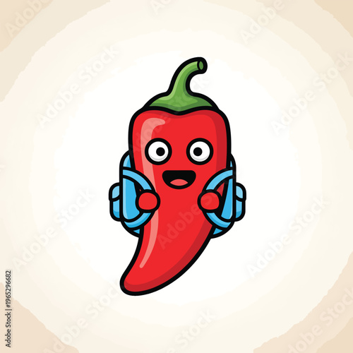 A charming, cartoonish chili pepper character with a smiling face and a backpack. The red pepper features a green stem. Blue straps