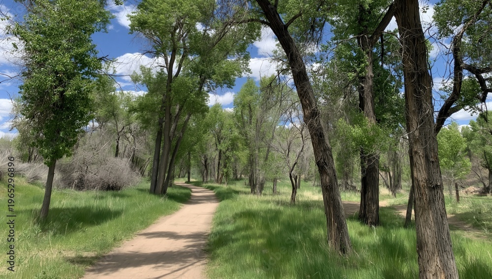 Fototapeta premium Pathway through a tranquil forest with lush greenery on a sunny day 