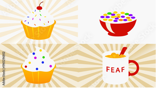 Elegant flat design gourmet foods set with cupcakes and cereal bowl on sunny background