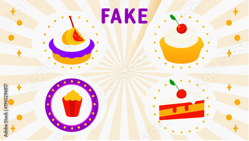 Elegant gourmet food prank flat icons set with cake dessert cupcake and slice on radiant beige background with purple accents
