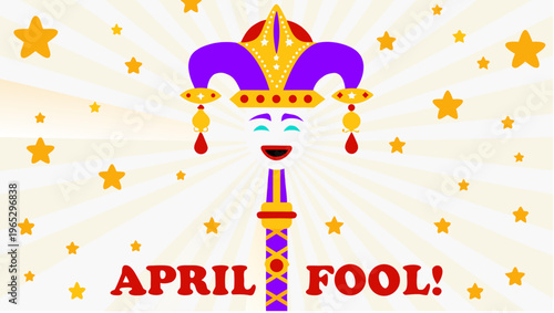 Multi faced jester's staff with jester hat and april fool text on starry background for prank and joke concepts