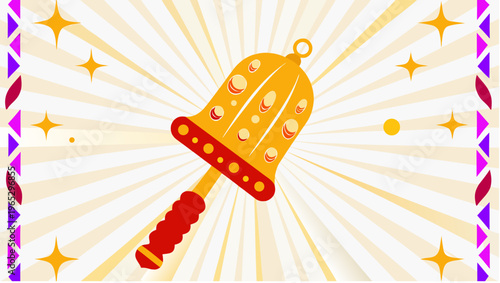 Vibrant jester bell with red handle and golden accents on festive background with starburst