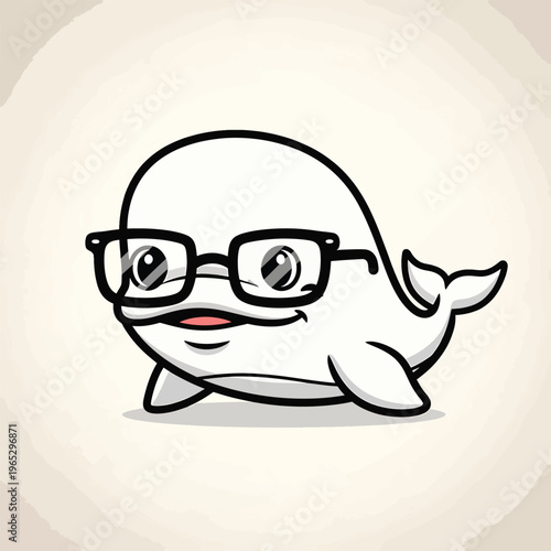 A cute, cartoonish whale wearing black-rimmed glasses, depicted on a textured beige background, with simplistic features and a happy expression