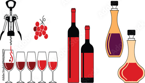 Wine Culture Vector Icon Set Featuring Red Wine Bottles, Corkscrew, Grapes, Decanters, and Filled Glasses for Restaurant Menus and Vineyard Tasting Events