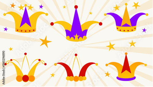 Collection of colorful jester hats with stars and rays on white background for party and celebration designs