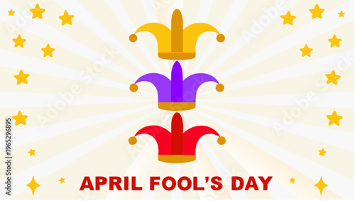 Colorful jester hats stacked on april fool's day background with stars