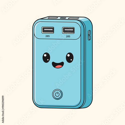 A cartoon-style power bank, light blue in color, with a cheerful face and a power button on the front. Two USB ports are visible, each with a number on it. The background is a soft beige