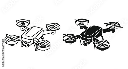 Two black drone illustrations presented in a distinct silhouette