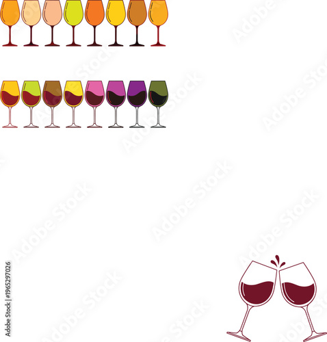 Large Collection of Wine Glass Icons with Various Colorful Drinks and Liquid Levels for Restaurant Menus, Wine Tasting Events, and Beverage Graphic Designs
