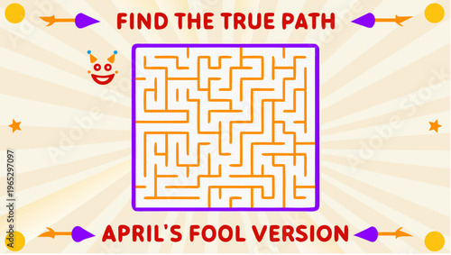 Complex impossible maze puzzle with purple border and orange paths on beige background with sunburst effect and april's fool theme