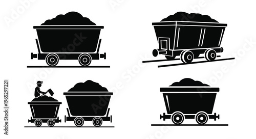Black silhouettes of mining carts and a worker on railroad tracks silhouette