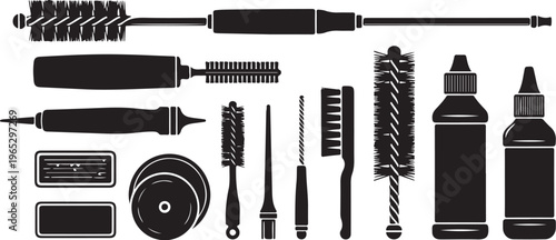 Camera cleaning tools, photography equipment, black vector icons, 16 graphics, cleaning kit