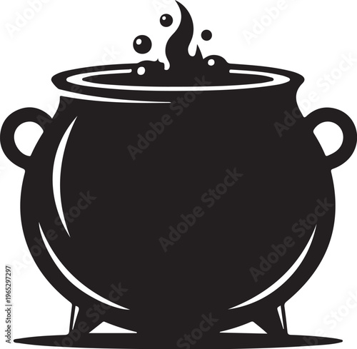 Black cauldron, witchcraft symbol, boiling pot, Halloween icon
