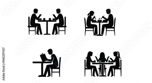 People dining and socializing at tables depicted in a striking silhouette
