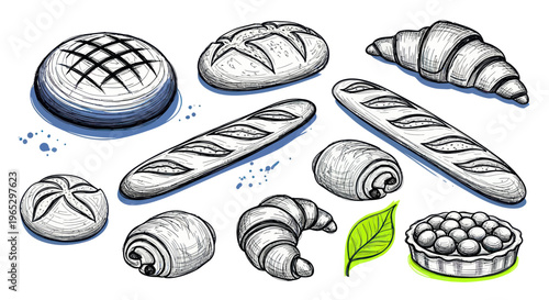 Assortment of Freshly Baked Bread and Pastries, Hand-Drawn Sketch Style