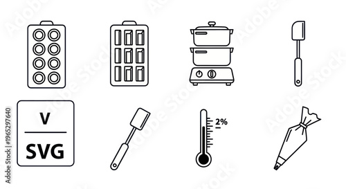 Baking and Cooking Icons: Muffin Tin, Steamer, Spatula, Thermometer, Piping Bag