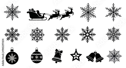Christmas Icons: Snowflakes, Santa's Sleigh, Baubles, Bells, and Star