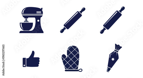 Baking Icons: Mixer, Rolling Pins, Oven Mitt, Thumbs Up, Piping Bag - Dark Blue