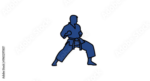 Karate fighter in blue uniform, martial arts stance, isolated on white background