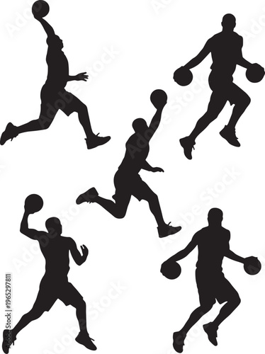 Basketball players, sports silhouettes, athletic poses, black icons, vector graphics