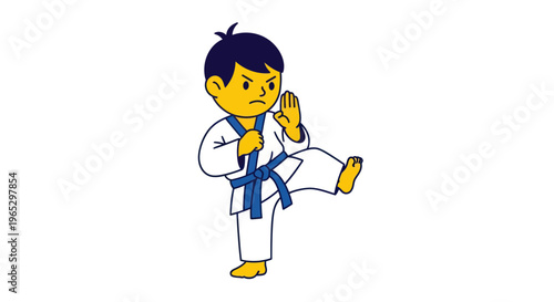 Young Boy Practicing Karate Kick in White Gi with Blue Belt