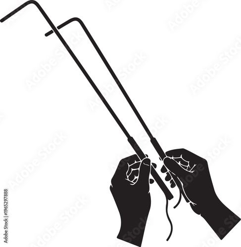 Black silhouette hands holding wire coat hanger, isolated vector graphic