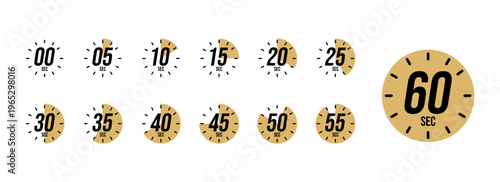 0, 5, 10, 15, 20, 25, 30, 35, 40, 45, 50, 55, 60 Seconds Countdown Timer Vector Icon Set. Editable Digital Stopwatch Progress Clock Template Pack