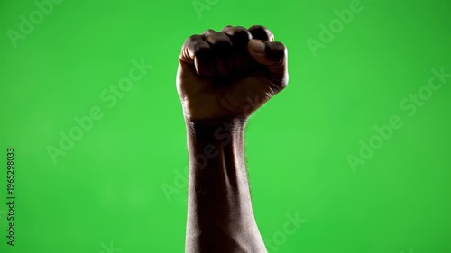 A raised fist symbolizes power, resistance and solidarity against a vibrant green background