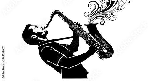 Man Playing Saxophone in Black Silhouette.
