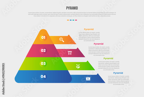 pyramid structure base shape infographics gradient template diagram with round edge and long arrow on extrusion part with 4 point step creative