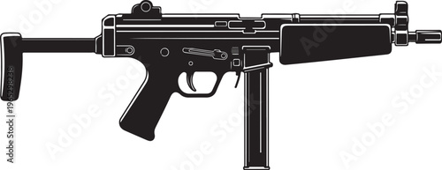 Black assault rifle, machine gun, firearm, vector illustration, gun silhouette