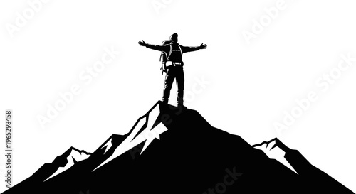 Man standing on mountain peak triumphantly.