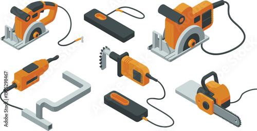 Construction, cutting, tools, equipment, power, saw, chainsaw, machinery, industrial, engineering, hardware, workshop, heavy, duty, technology, repair, isolated, design, technical, collection