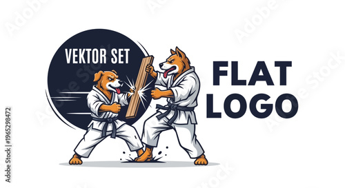 Two dogs in karate uniforms practicing martial arts.