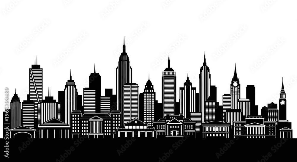 Obraz premium Black and white city skyline buildings.