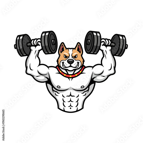 Muscular Dog Character Lifting Dumbbells Fitness Mascot.