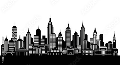 Black and white city skyline buildings.