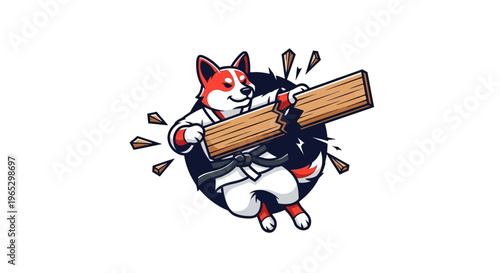 Shiba Inu Karate Master Breaking Wooden Board With Paw.