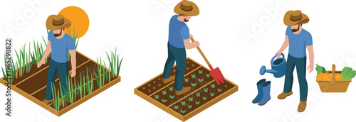 farmer cultivating vegetable garden, planting crops, watering plants, soil preparation, harvesting produce, organic farming lifestyle illustration collection