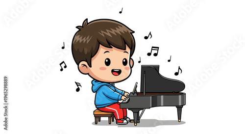 Boy Playing Grand Piano Keyboard Instrument.