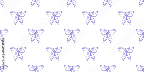 Vector seamless pattern with delicate hand drawn blue outline ribbon bow on white background. Minimal coquette bow repeat print for elegant fabric, gift wrapping paper, planner stationery, wallpaper.